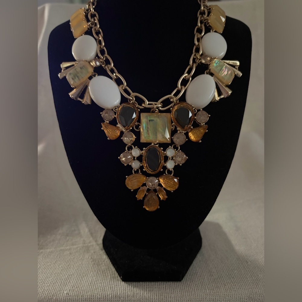 Gold-Tone Statement Necklace with White and Amber Accents